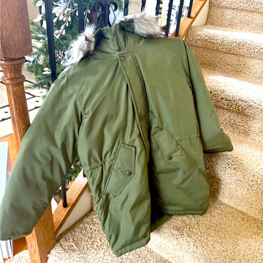 J. Crew Green Puffer Jacket with Faux Fur Hood